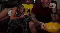 StepDad is Oblivious to Blowjob his wife is giving Stepson While Watching movies